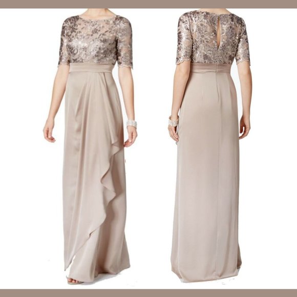 NEW Adrianna Papell Floral Sequin Embroidered‎ Gown in Light Mink [SZ 4 ] - Picture 1 of 13